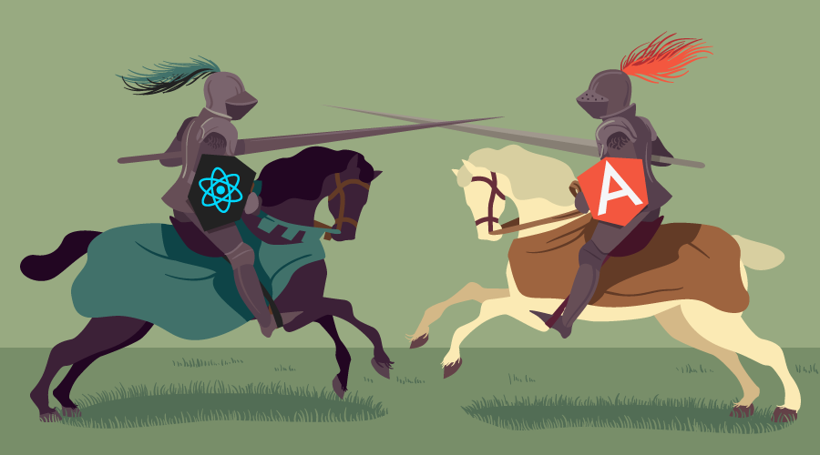 Two knights jousting, with React and Angular logos on their shields