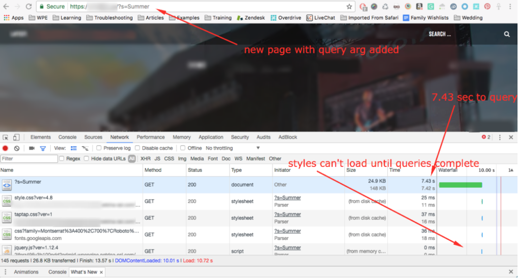DevTool view of the default WordPress search performance