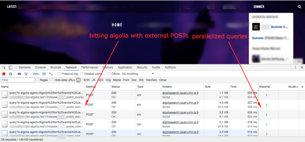 DevTool view of Algolia search performance