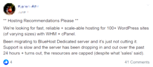 Negative Bluehost facebook post
